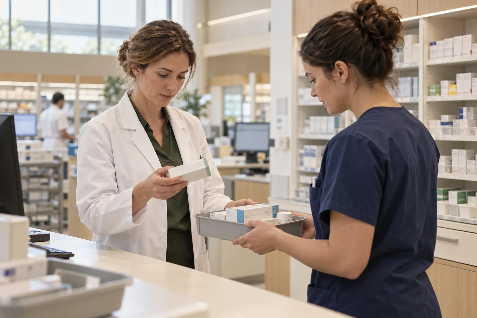 Farmacistă pregătind medicația eliberată pe condică pentru secție; imagine ilustrativă