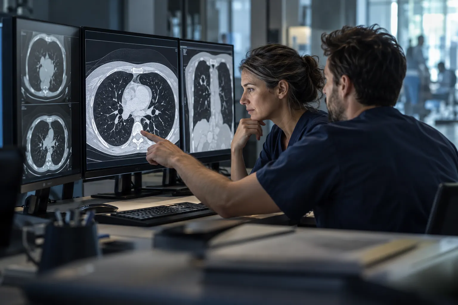 Doi medici radiologi verifică imaginile unei examinări; imagine ilustrativă